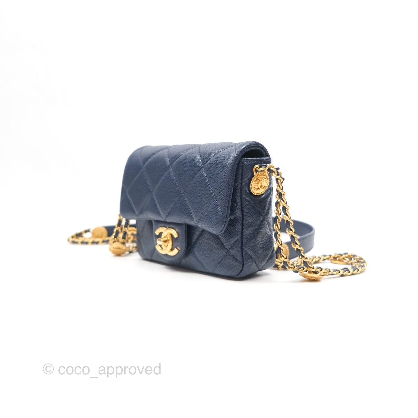 Chanel Mini Flap with Coin Charm Navy Caviar Aged Gold Hardware 22A