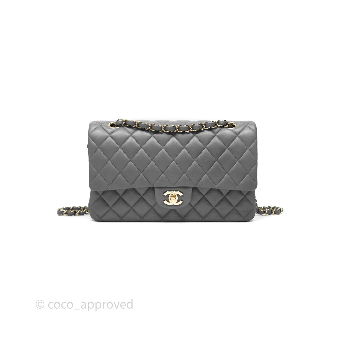 Chanel Classic M/L Medium Flap Quilted Grey Lambskin Gold Hardware