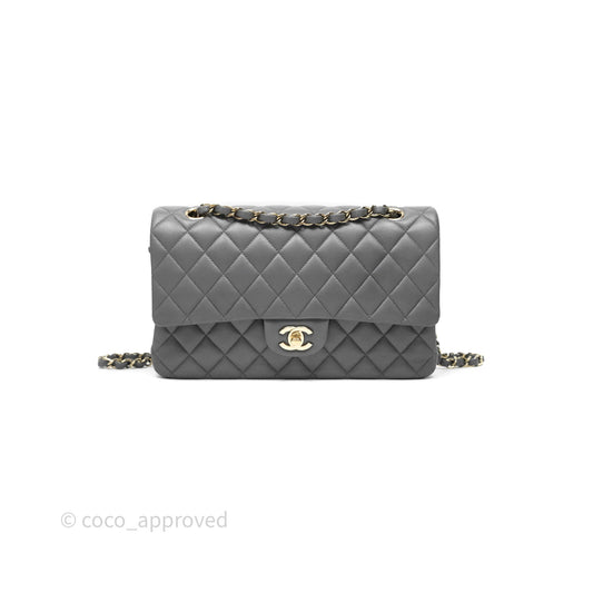 Chanel Classic M/L Medium Flap Quilted Grey Lambskin Gold Hardware