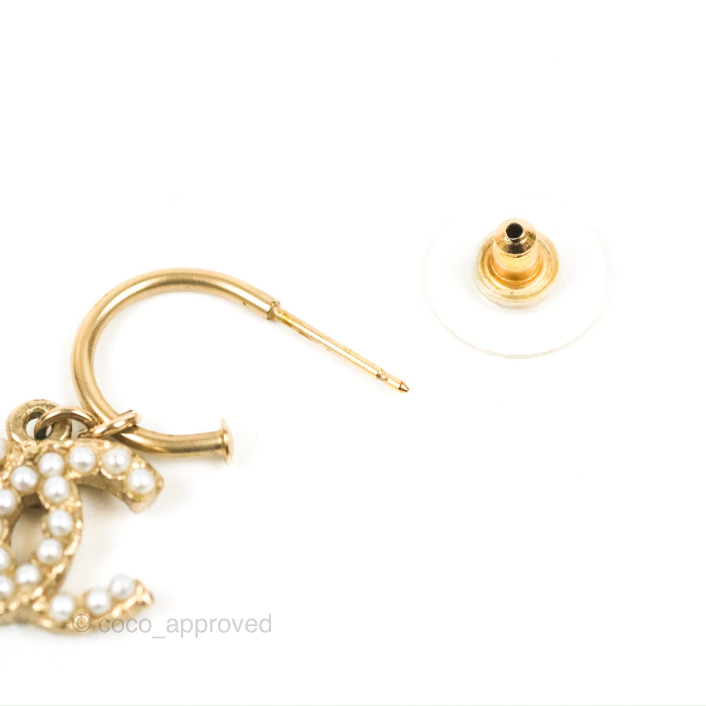 Chanel Pearl CC Drop Hoop Earrings Gold Tone 12A