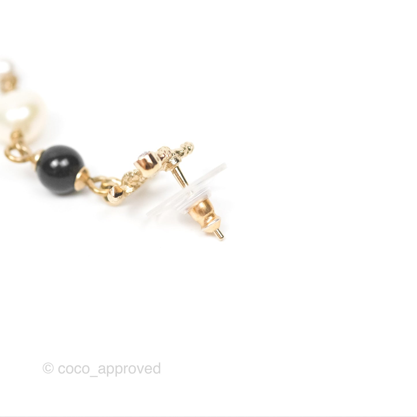 Chanel CC Bead Pearl Long Drop Earrings Gold Tone 20V
