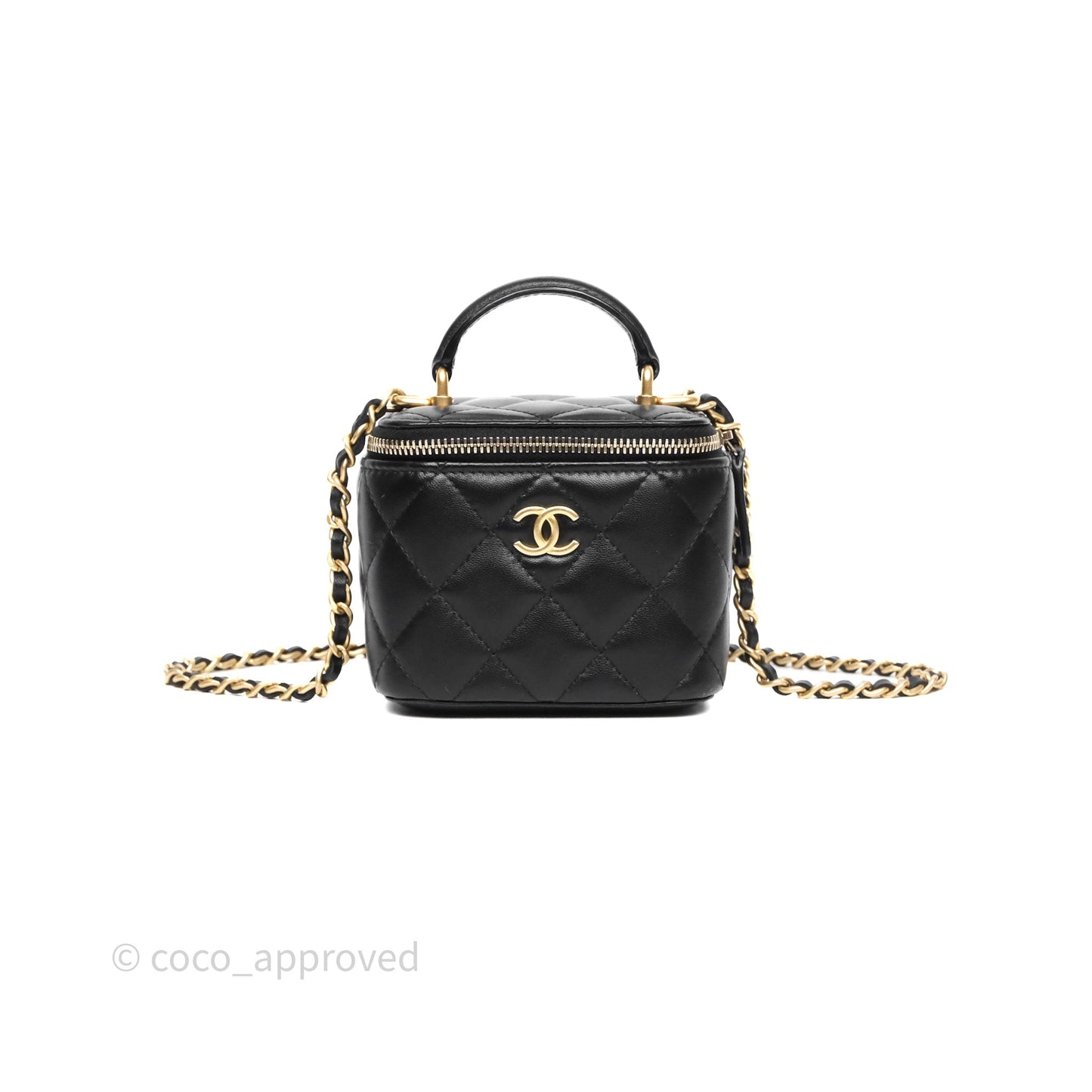 Chanel Mini Top Handle Vanity With Chain Black Lambskin Aged Gold Hardware