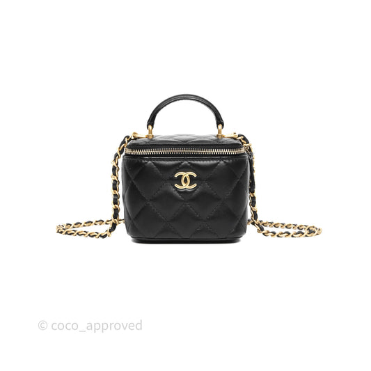 Chanel Mini Top Handle Vanity With Chain Black Lambskin Aged Gold Hardware