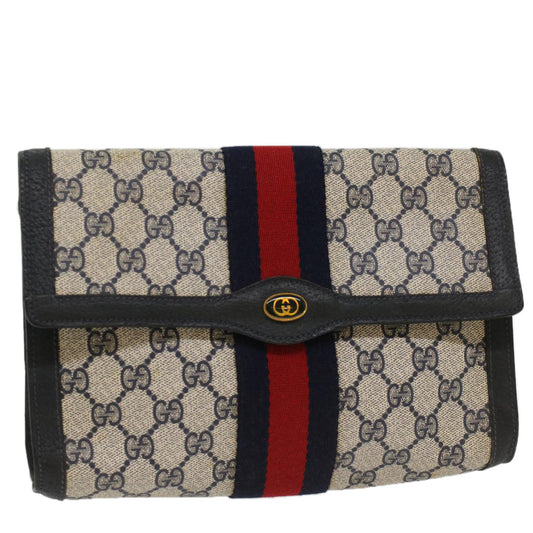 Luxury Gucci GG Canvas Sherry Line Clutch Bag PVC Leather Navy Red  53647