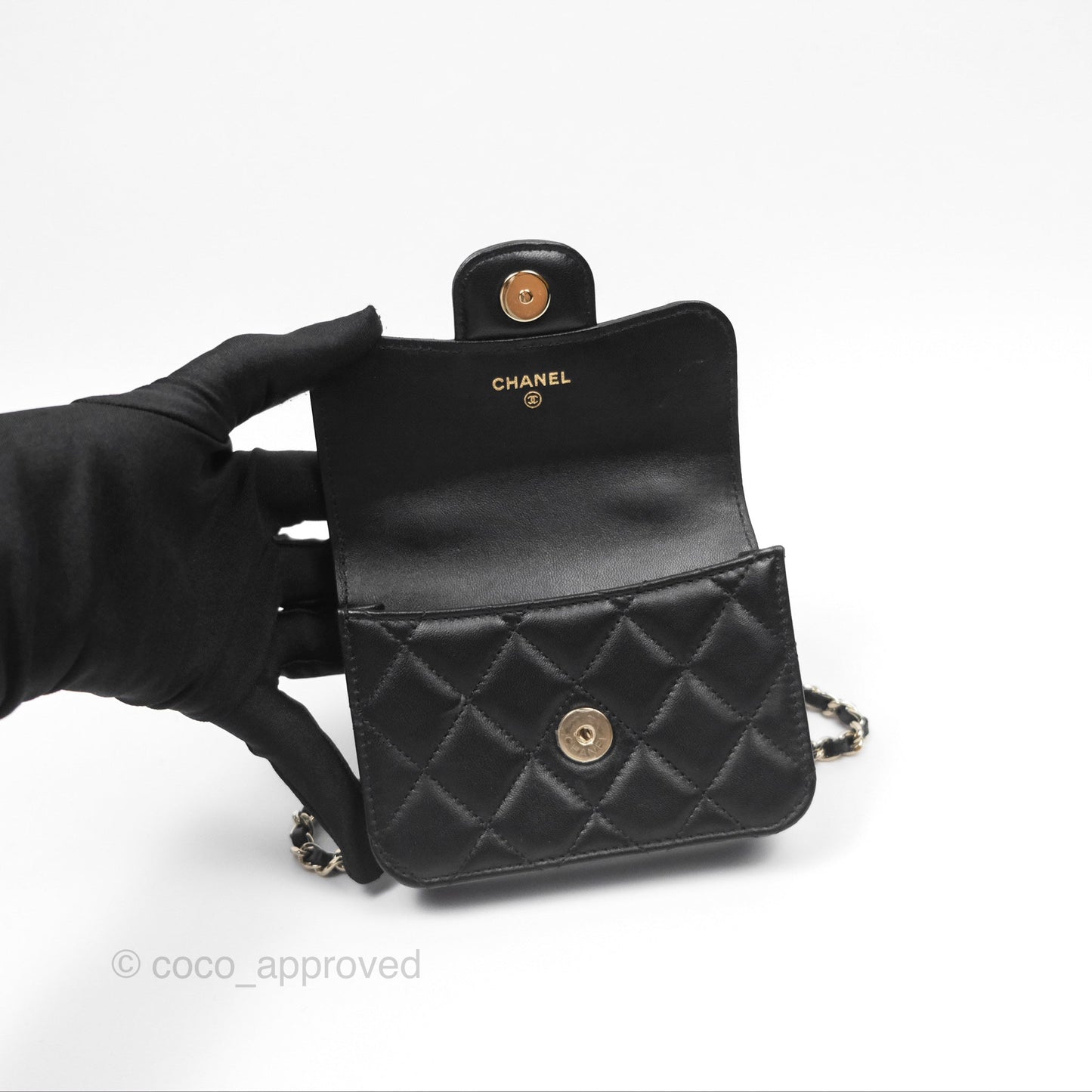 Chanel Mini Handle Flap Coin Purse With Chain Black Lambskin Gold Hardware