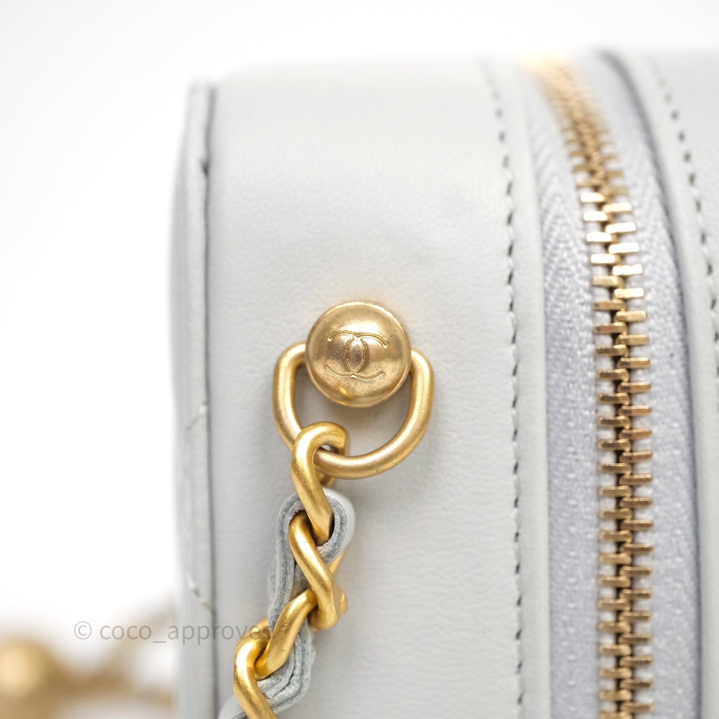 Chanel Quilted CC Pearl Crush Camera Case Light Blue Grey Lambskin Aged Gold Hardware