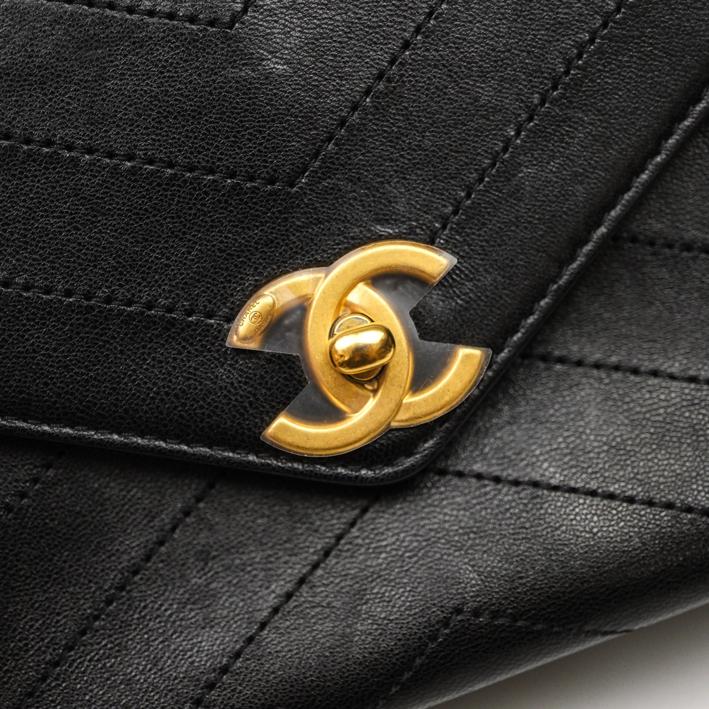 Chanel Chevron Flap Bag Black Calfskin Aged Gold Hardware