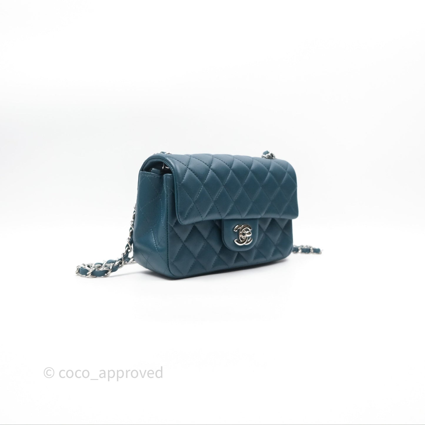 Chanel Quilted Mini Rectangular Flap Teal Green Lambskin Silver Hardware