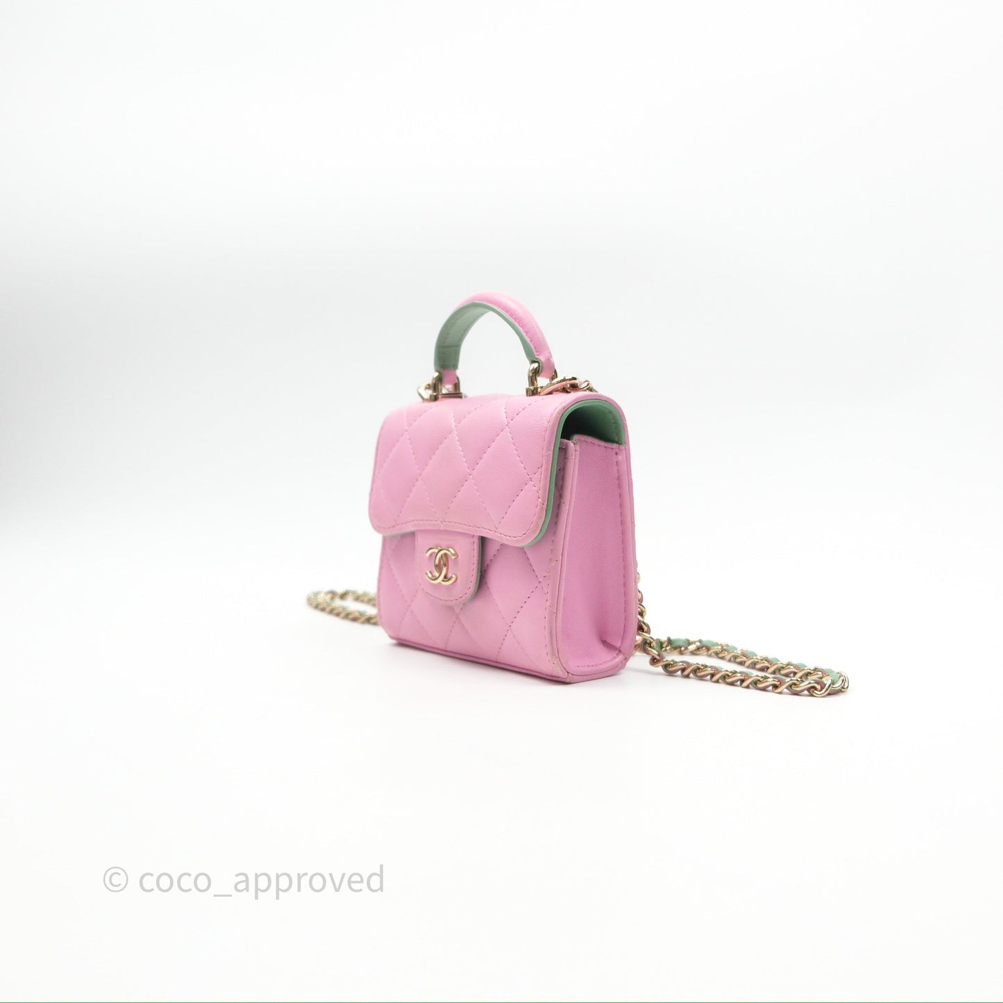 Chanel Mini Handle Clutch With Chain Pink/ Mint Lambskin Gold Hardware 23P