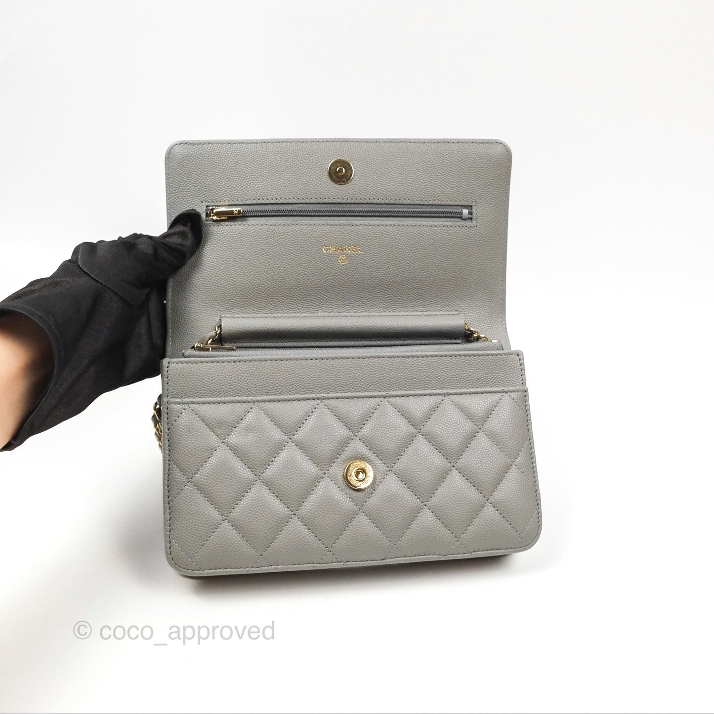 Chanel Quilted Classic Wallet On Chain WOC Grey Caviar Gold Hardware