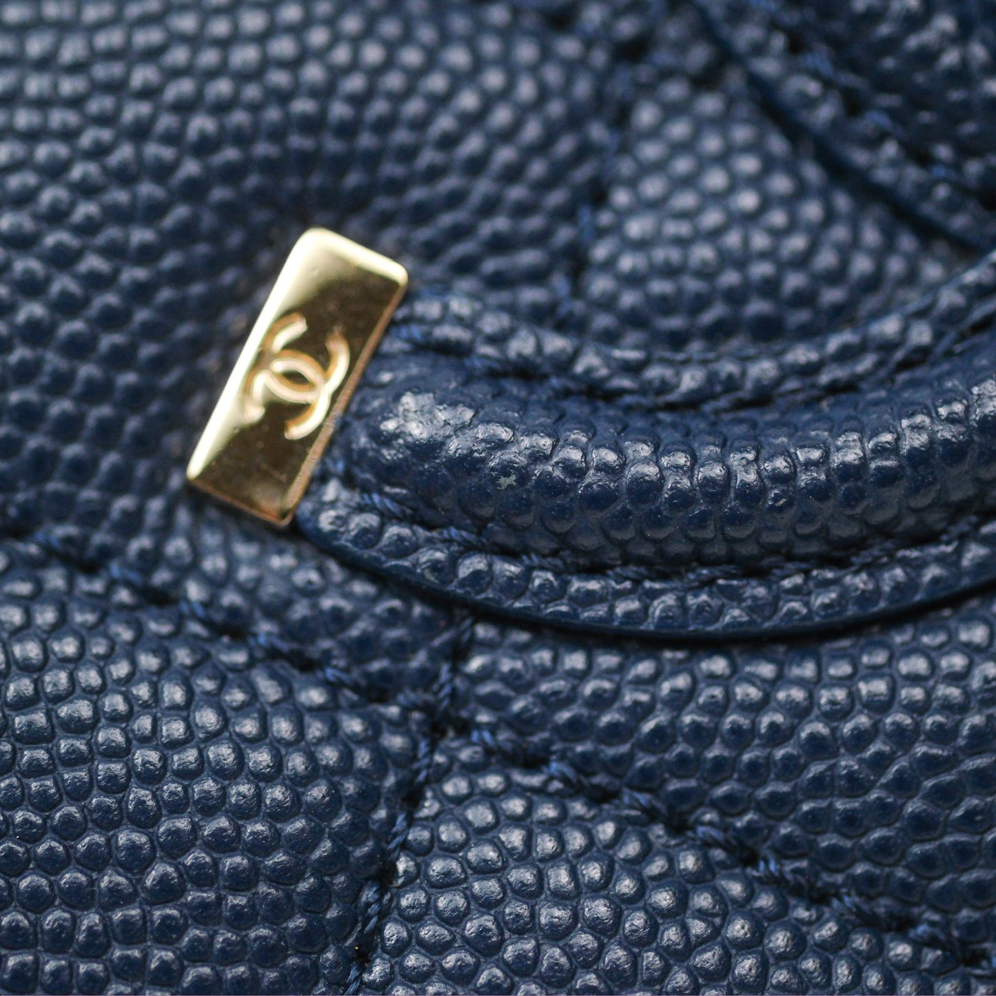 Chanel Quilted Small CC Filigree Vanity Case Navy Caviar Gold Hardware
