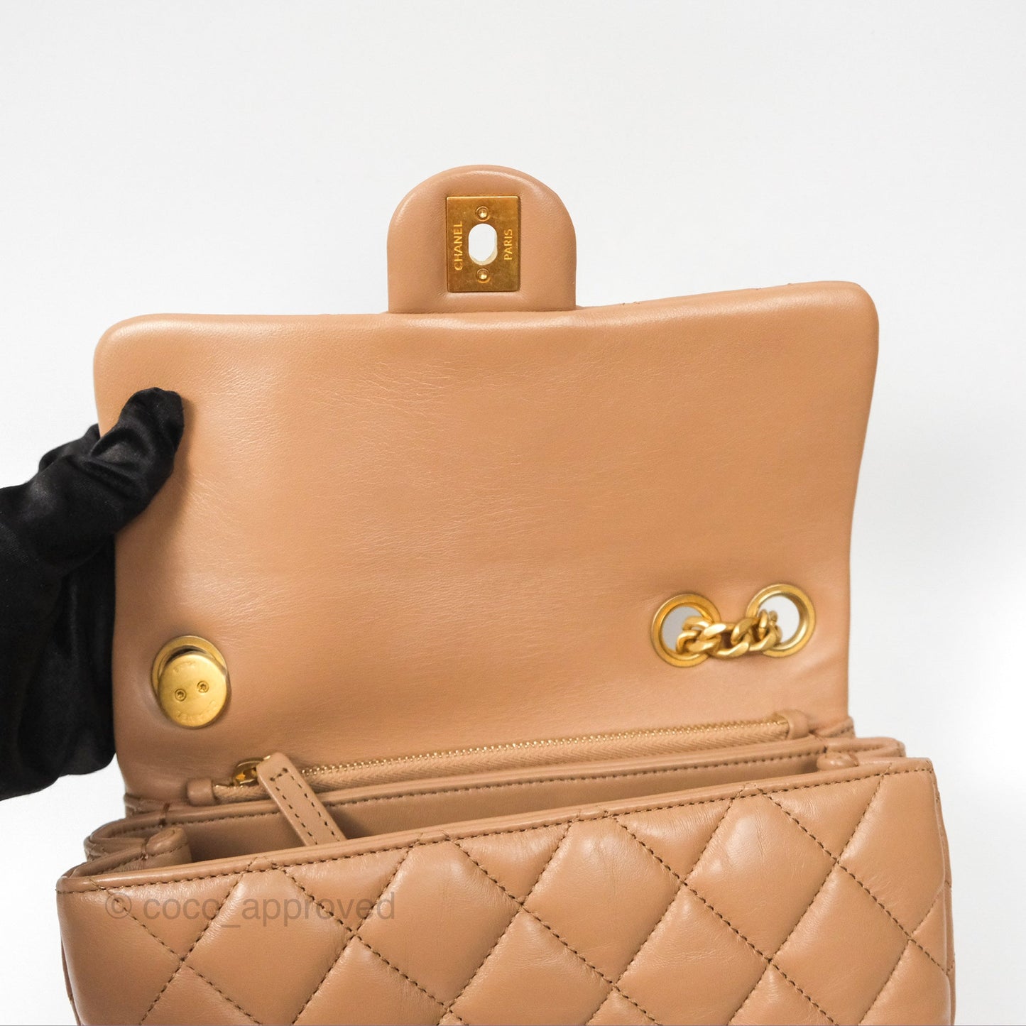 Chanel Small All Slide Adjustable Chain Flap Bag Beige Lambskin Aged Gold Hardware