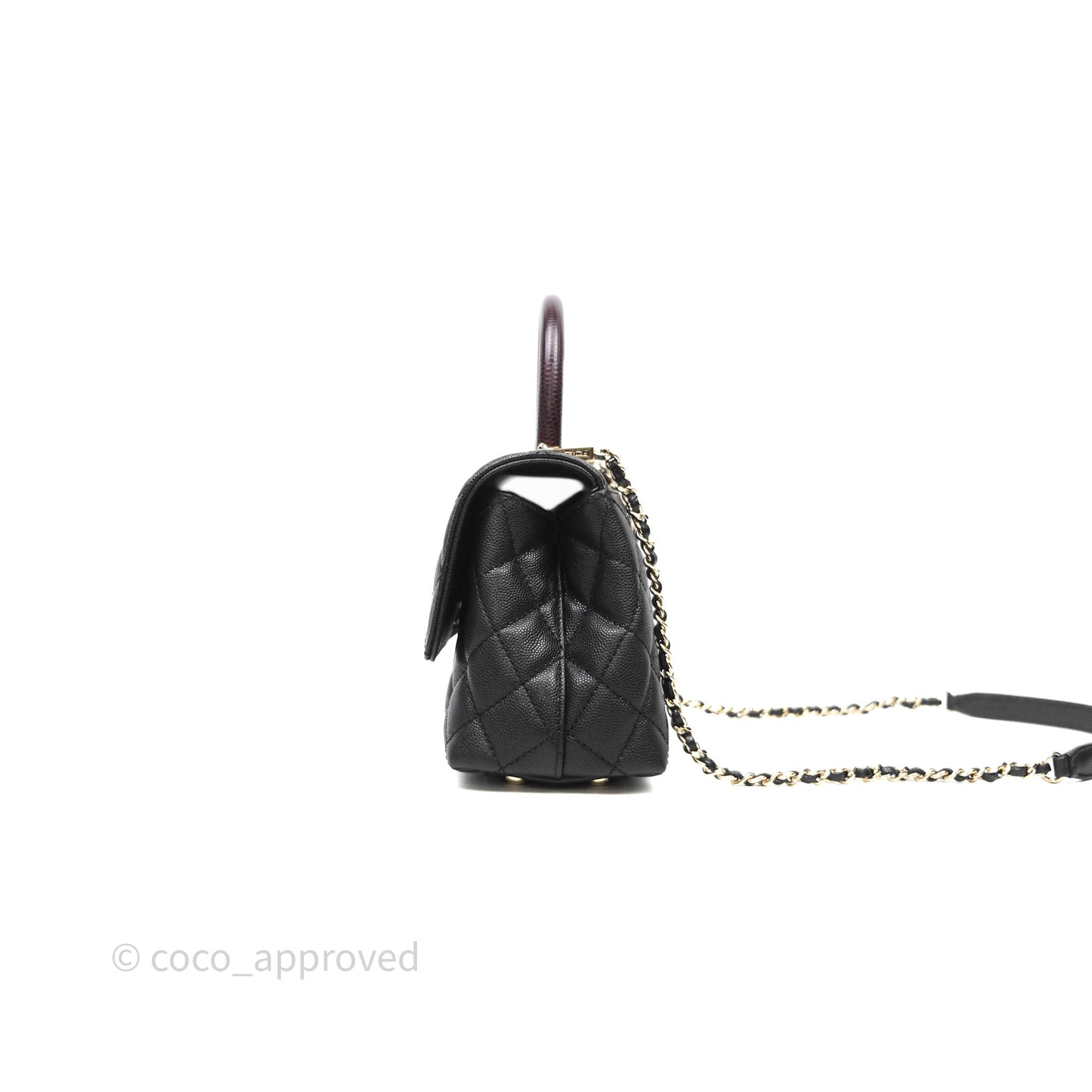 Chanel Mini Coco Handle Quilted Black Caviar Light Gold Hardware Lizard Embossed Handle