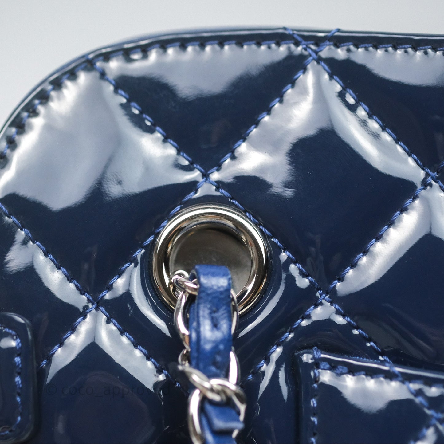 Chanel Quilted Bowling Tote Royal Blue Patent Silver Hardware