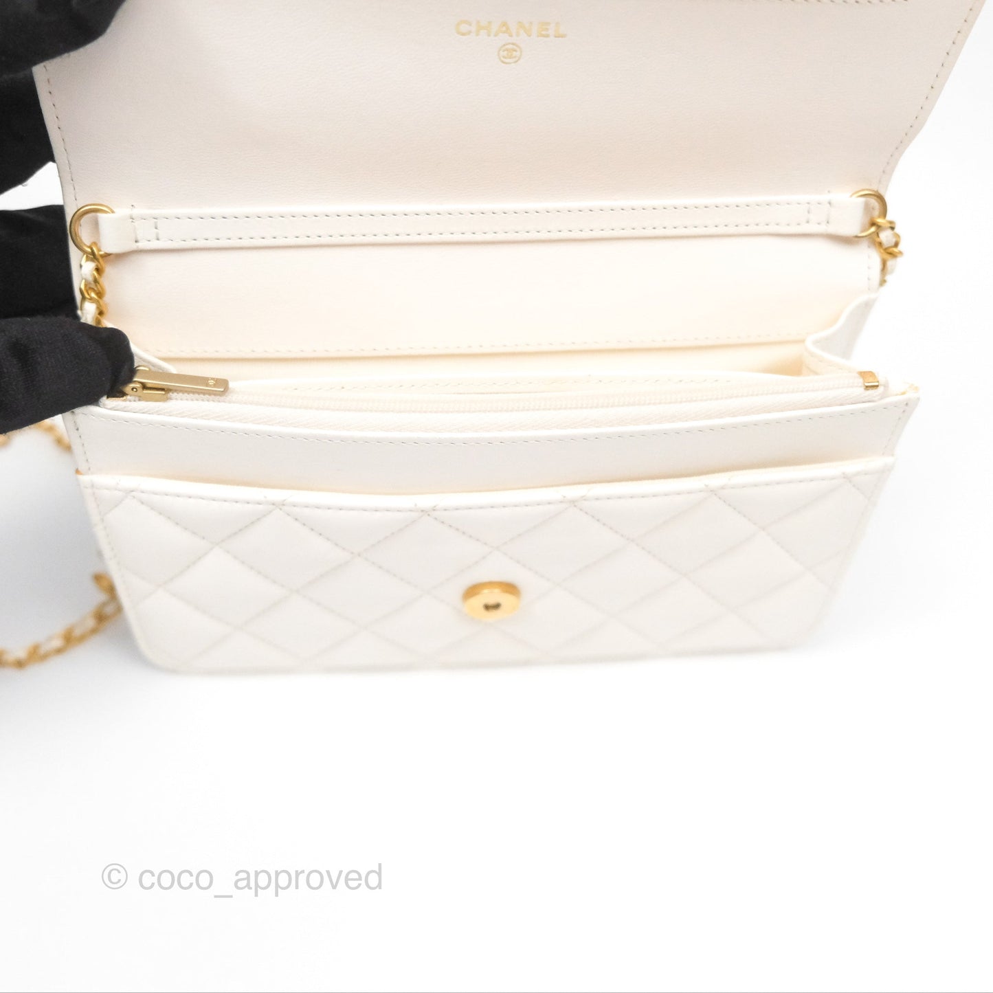 Chanel Quilted Wallet on Chain WOC Coco Heart Chain White Lambskin Aged Gold Hardware 22K