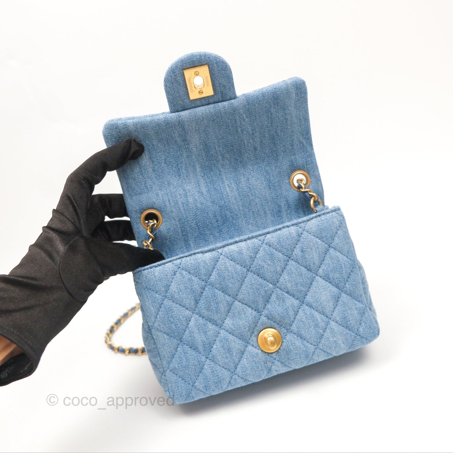 Chanel Mini Square Pearl Crush Quilted Denim Aged Gold Hardware