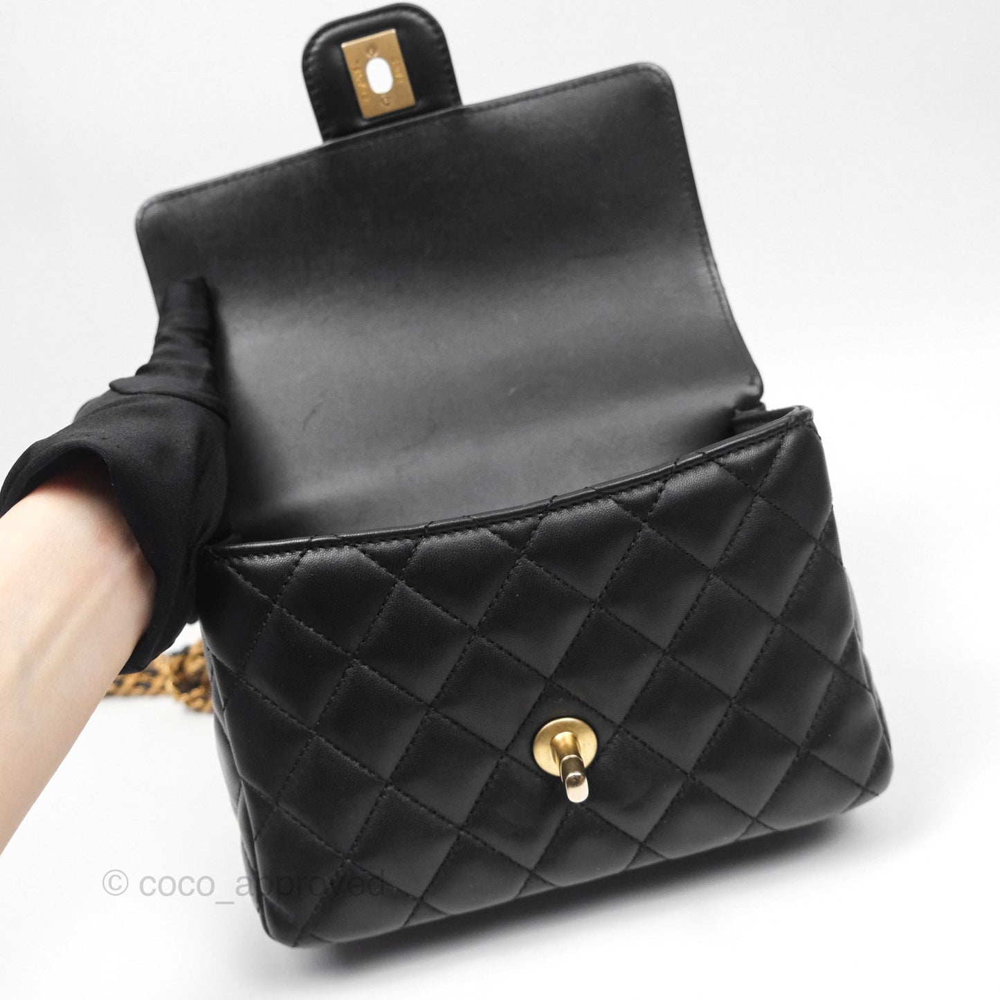 Chanel Flap Bag with Logo Enamel Chain Black Lambskin 22B