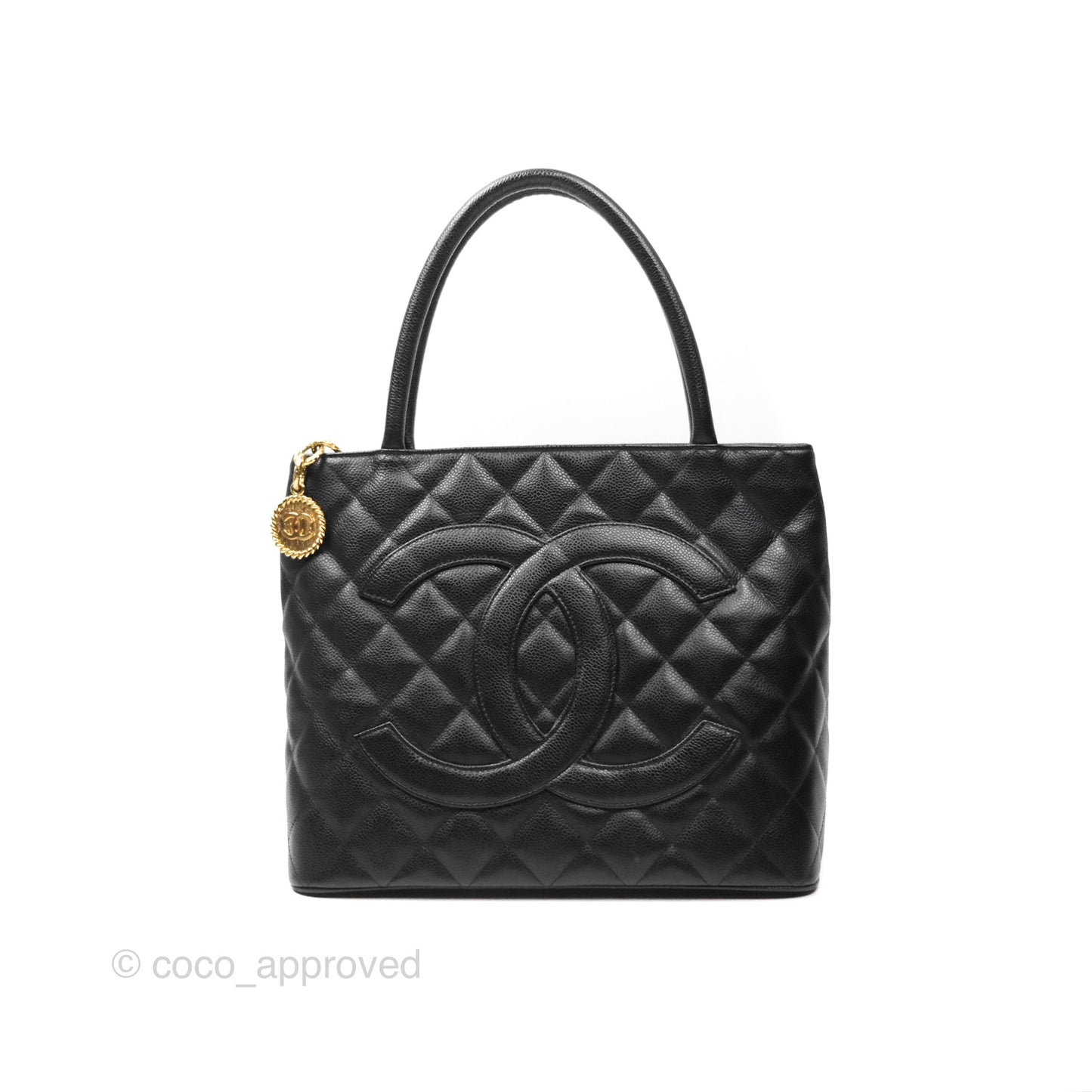 Chanel Vintage Medallion CC Black Caviar Tote Bag Gold Hardware