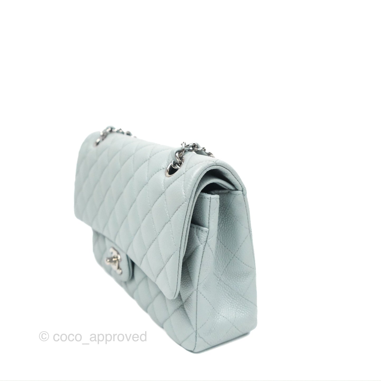 Chanel Classic M/L Medium Flap Quilted Light Grey Blue Caviar Silver Hardware