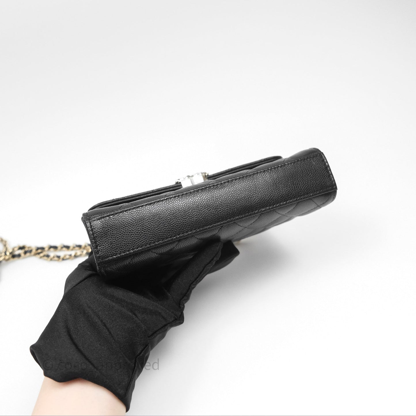 Chanel Top Handle Clutch with Chain Black Caviar Light Gold Hardware