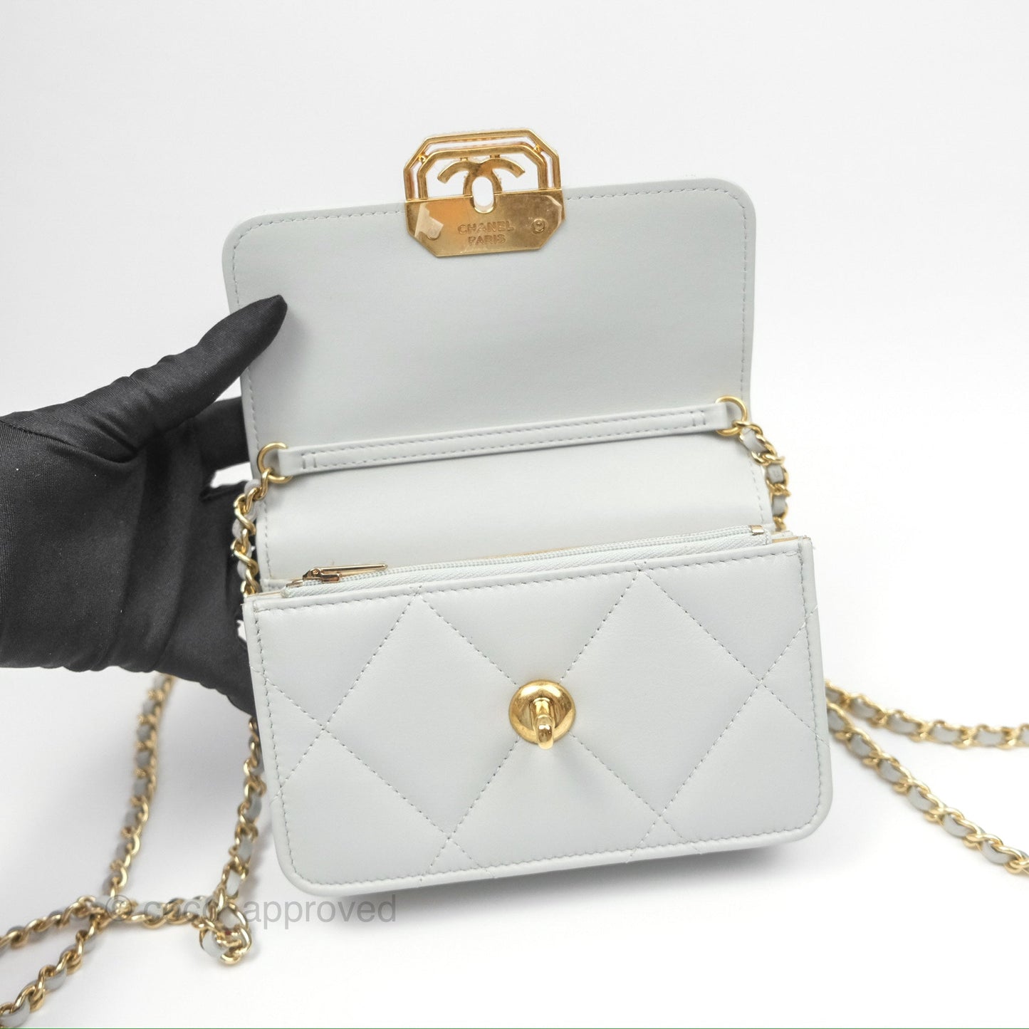 Chanel Crystal CC Mini Cutch with Chain Grey Lambskin Gold Hardware