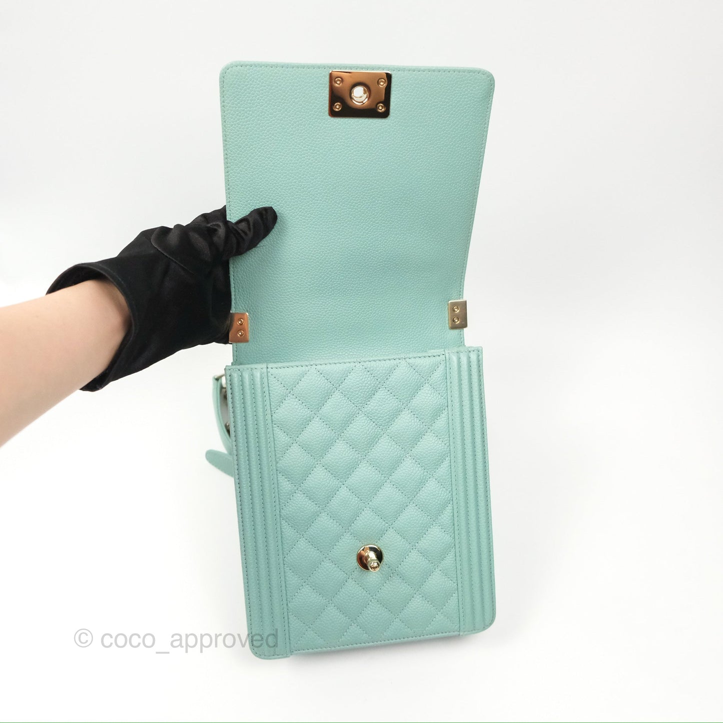 Chanel Quilted North South Boy Flap Tiffany Green Caviar Gold Hardware