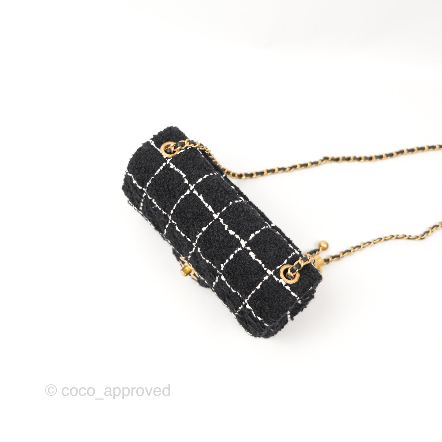 Chanel Mini Rectangular Pearl Crush Tweed Black White Grid Aged Gold Hardware