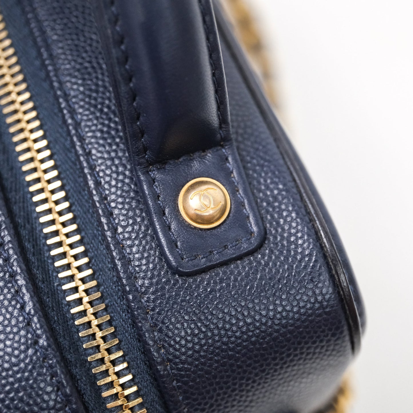 Chanel Quilted Small CC Filigree Vanity Case Navy Caviar Gold Hardware