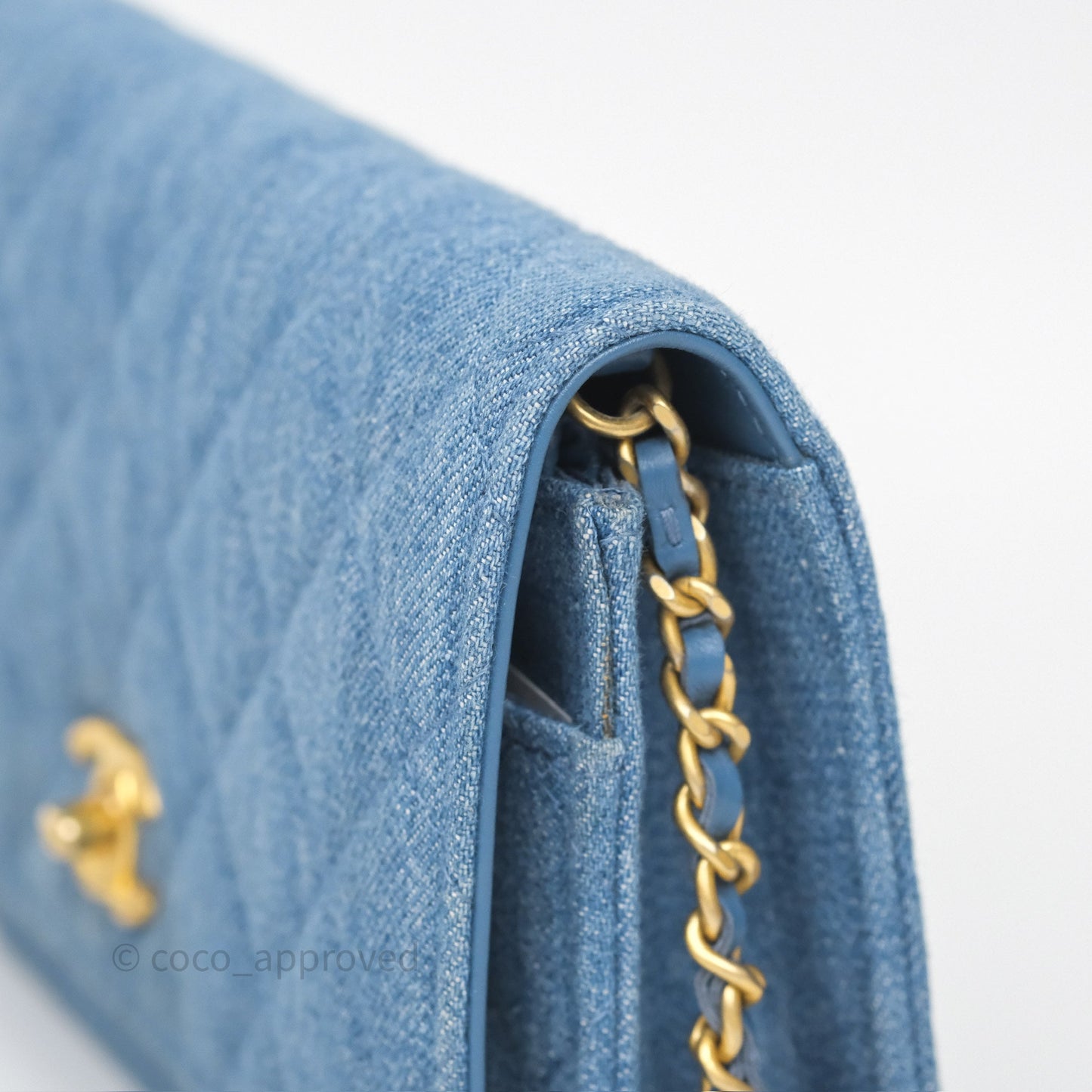 Chanel Quilted Pearl Crush Wallet on Chain WOC Denim Aged Gold Hardware
