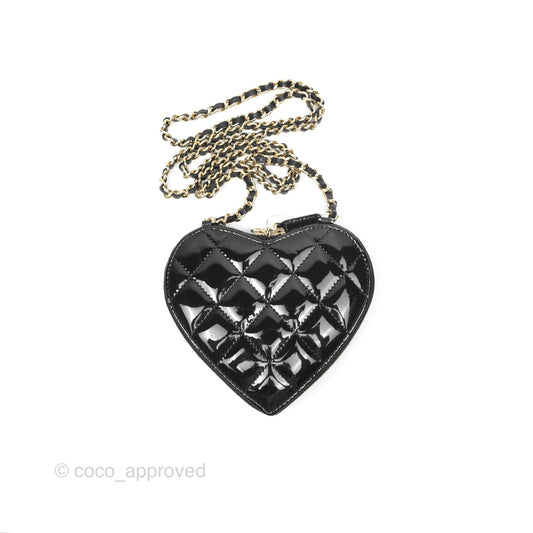 Chanel Heart Clutch with Chain with Coin Purse Black White Patent