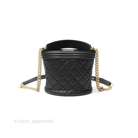 Chanel Quilted Boy Bucket Bag Black Lambskin Aged Gold Hardware