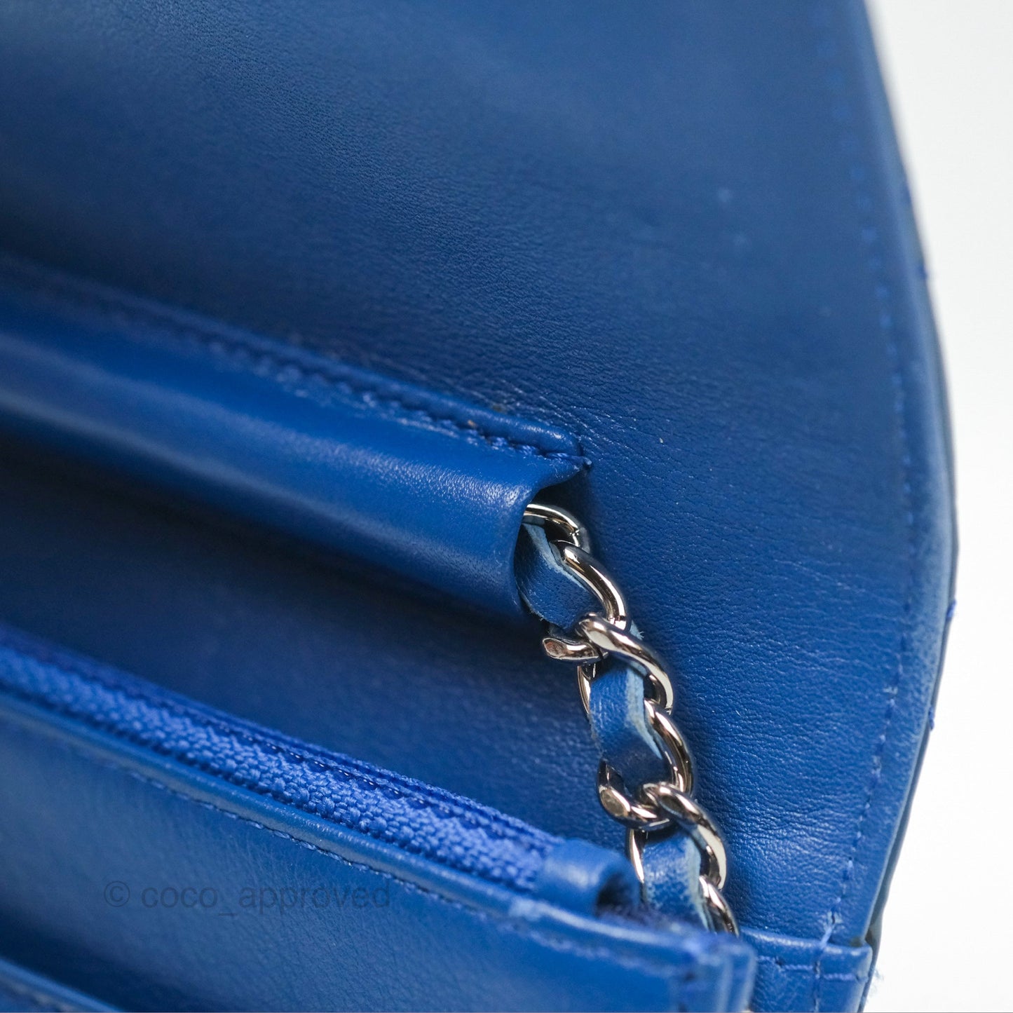 Chanel Quilted Classic Wallet on Chain WOC Blue Patent Silver Hardware