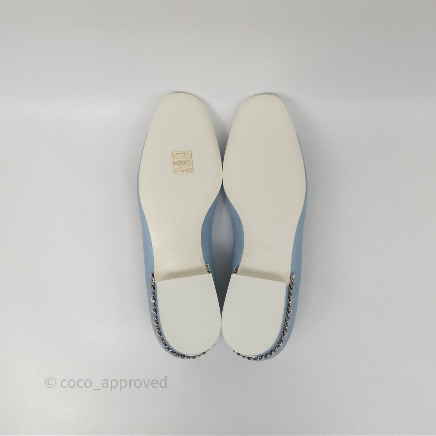 Chanel White Toe Pointed Light Blue Ballerinas With Chain Size 37