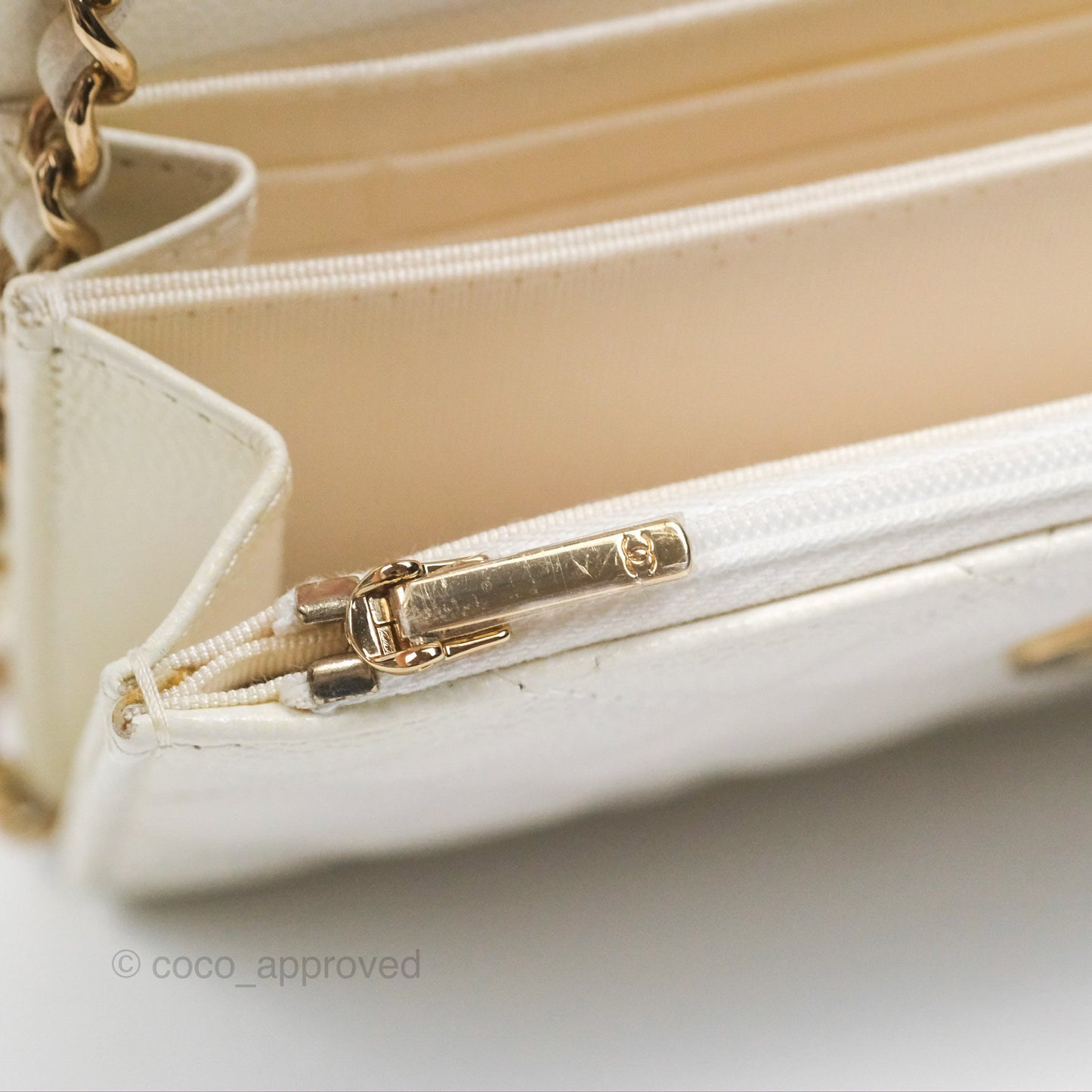 Chanel Quilted Mini Wallet on Chain WOC Ivory Caviar Gold Hardware