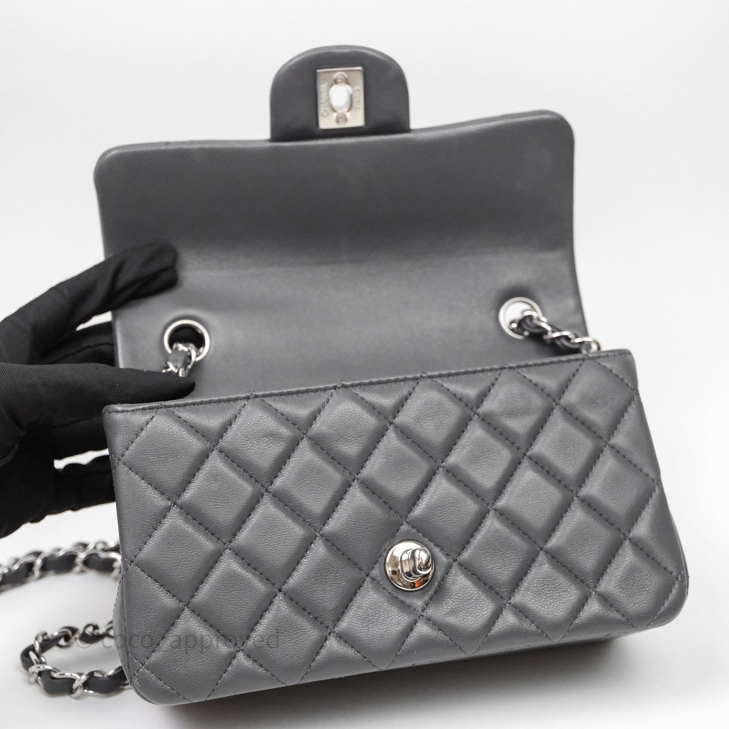 Chanel Quilted Mini Rectangular Dark Grey Lambskin Silver Hardware