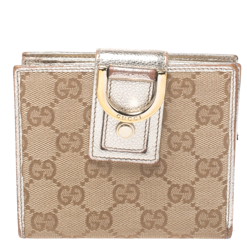 Luxury Gucci Trending 2025 Beige/metallic Gold Gg Canvas Abbey D Ring Compact Wallet..