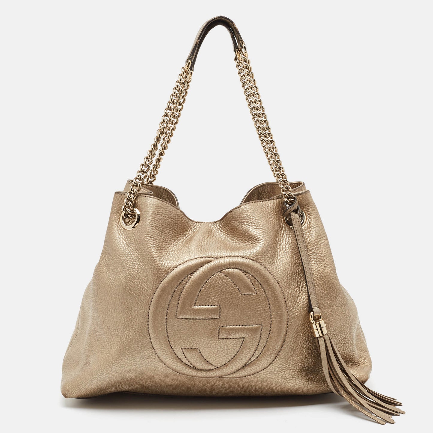 Luxury Gucci Trending 2025 Light Gold Leather Medium Soho Chain Tote..