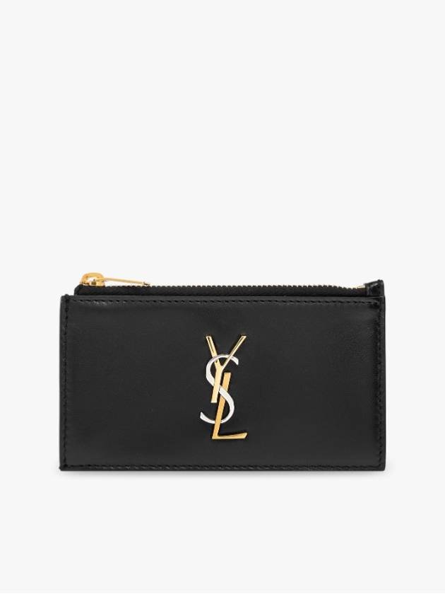 Luxury Saint Laurent Cassandra Fragment Zipper Card Case Lambskin Black
