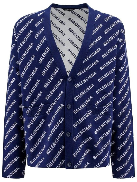 Luxury Balenciaga Mini Allover Logo Knit Cardigan Blue