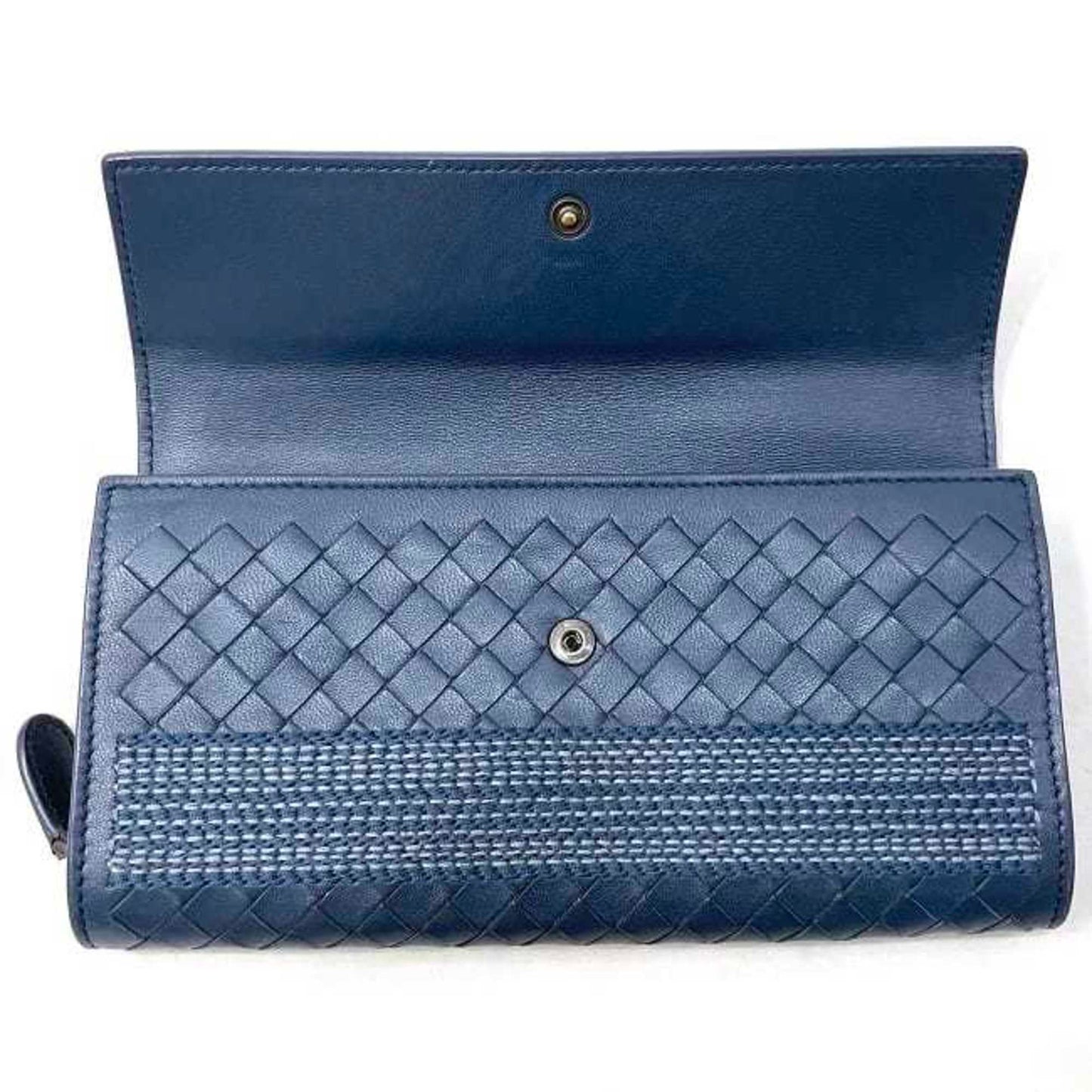 Luxury Bottega Veneta Intrecciato blue  Leather Long Wallet (Bi-Fold) ()