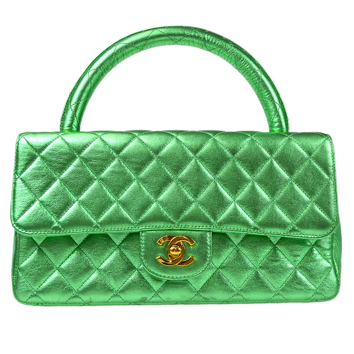 Luxury Chanel 1994 Classic Flap Handbag Medium Metallic Green Lambskin
