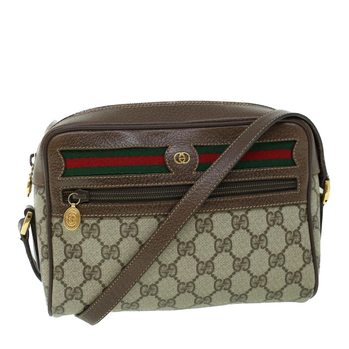 Luxury Gucci GG Canvas Web Sherry Line Shoulder Bag PVC Leather Beige Green  54004