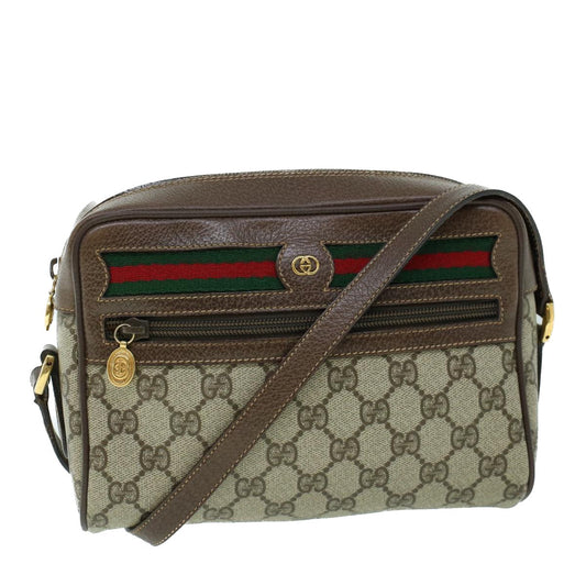Luxury Gucci GG Canvas Web Sherry Line Shoulder Bag PVC Leather Beige Green  54004