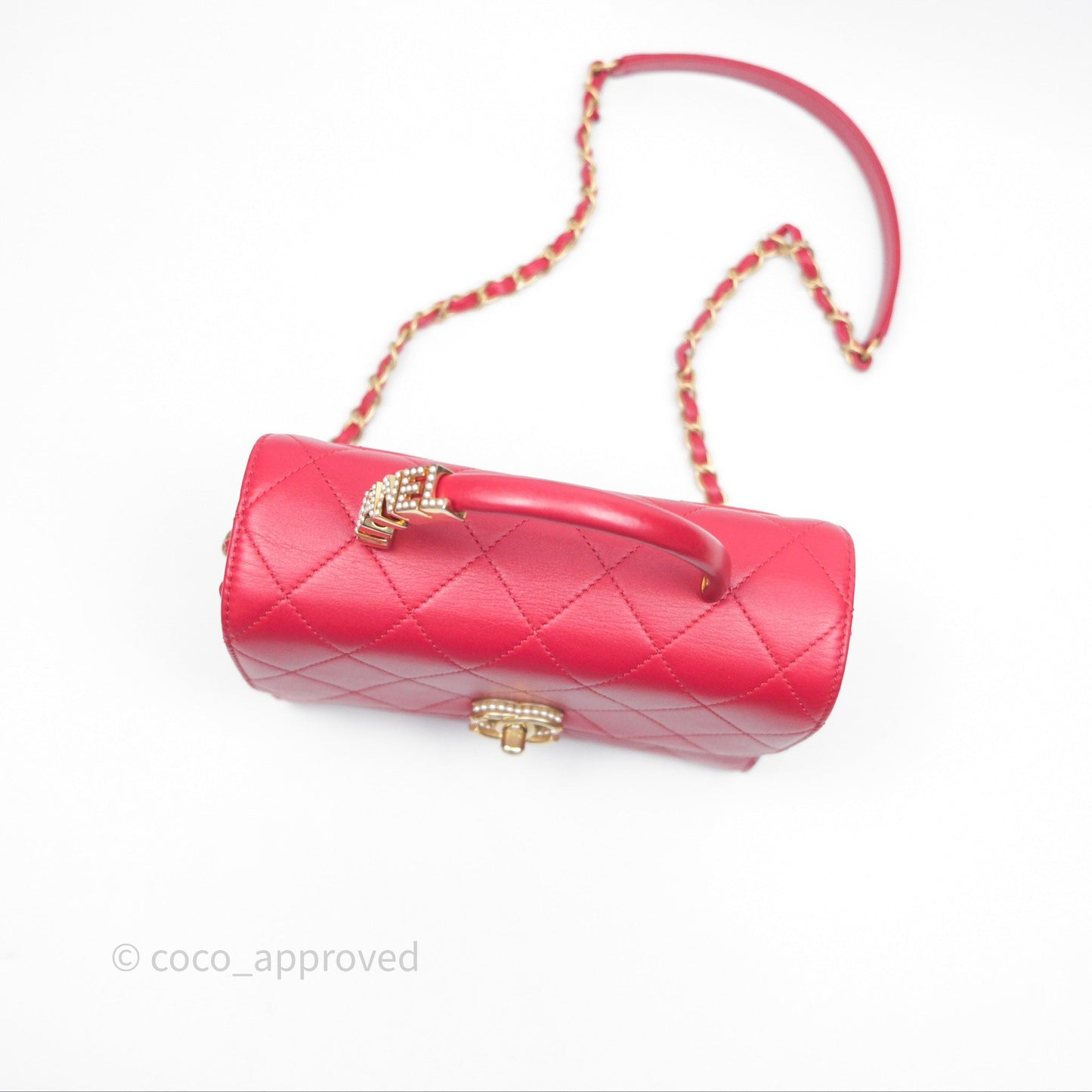 Chanel Quilted Flap Bag  with Pearl Logo Top Handle Red Lambskin Aged Gold Hardware