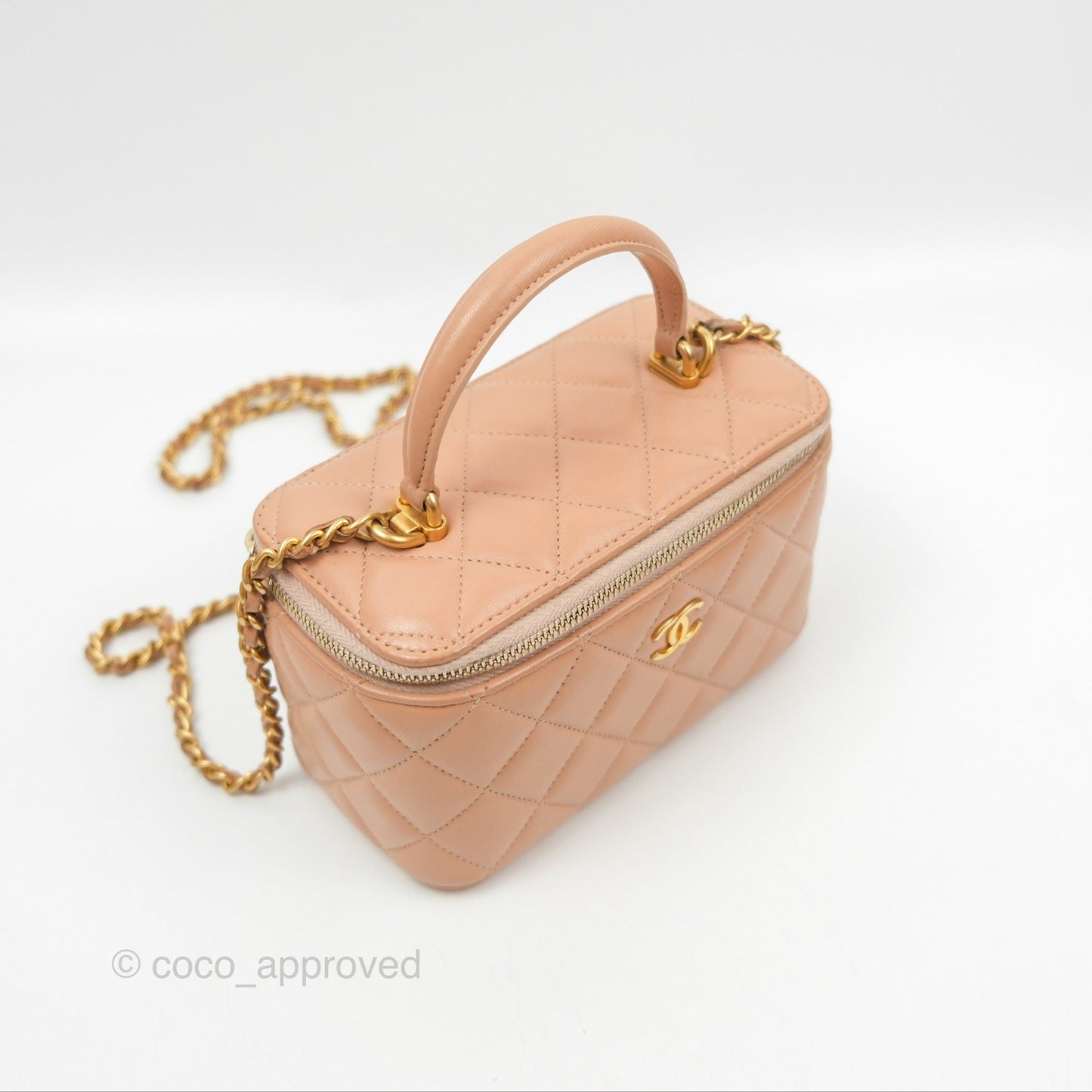 Chanel Vanity Rectangular Top Handle Beige Lambskin Aged Gold Hardware