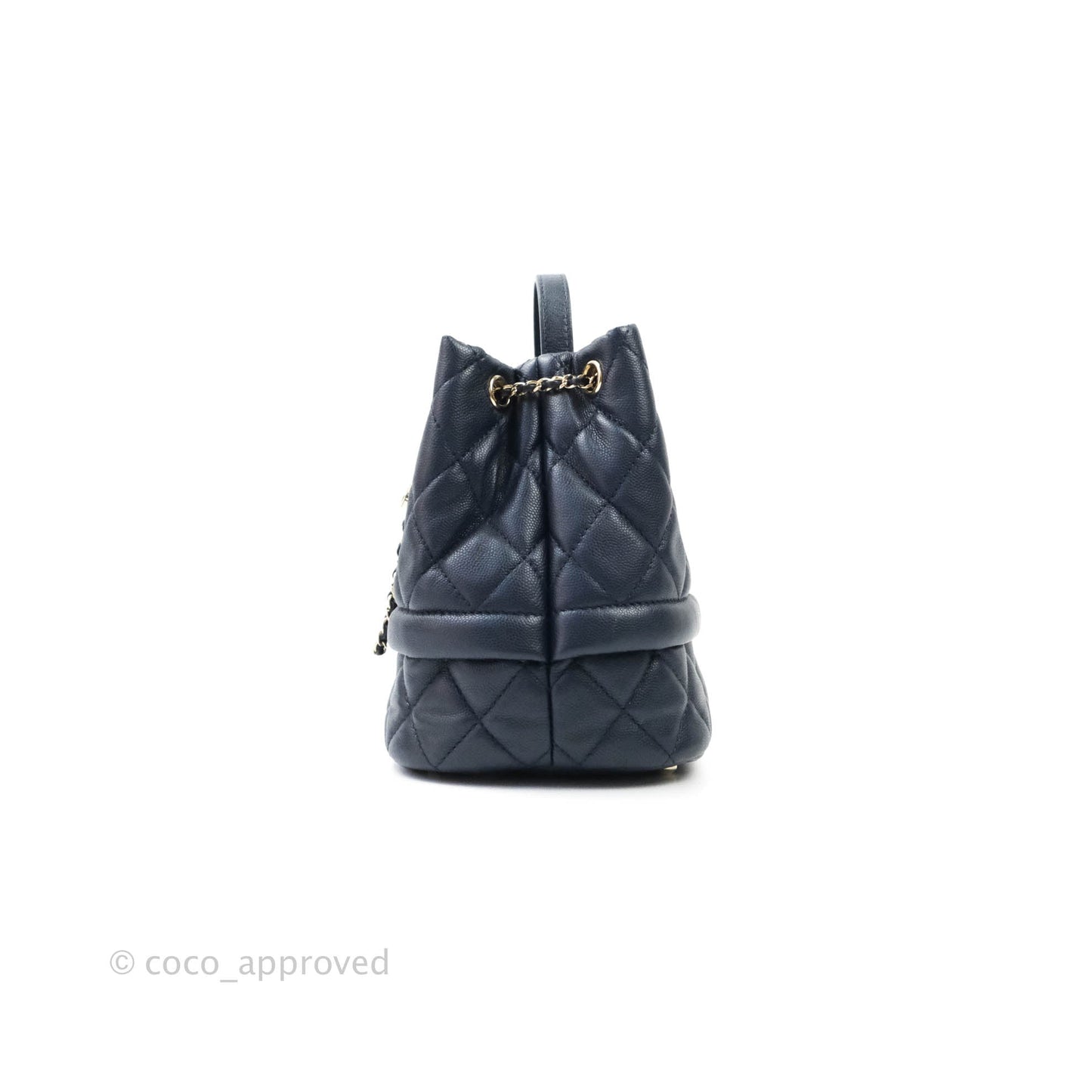 Chanel Caviar Quilted Rolled Up Bucket Drawstring Bag Navy Gold Hardware