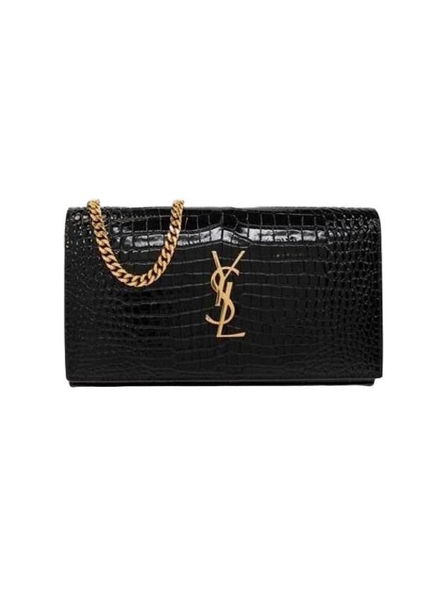 Luxury Saint Laurent Cassandre Chain Crocodile Embossing Leather Long Wallet Black