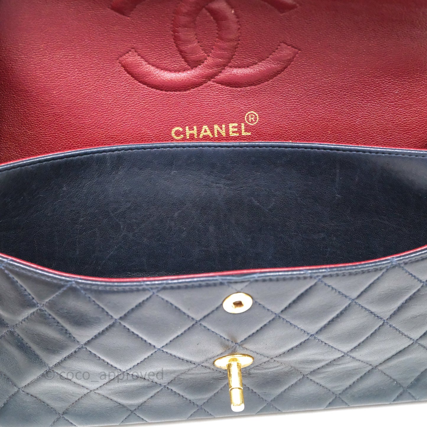 Chanel Vintage M/L Lambskin Medium Double Flap Bag Navy 24K Gold Hardware