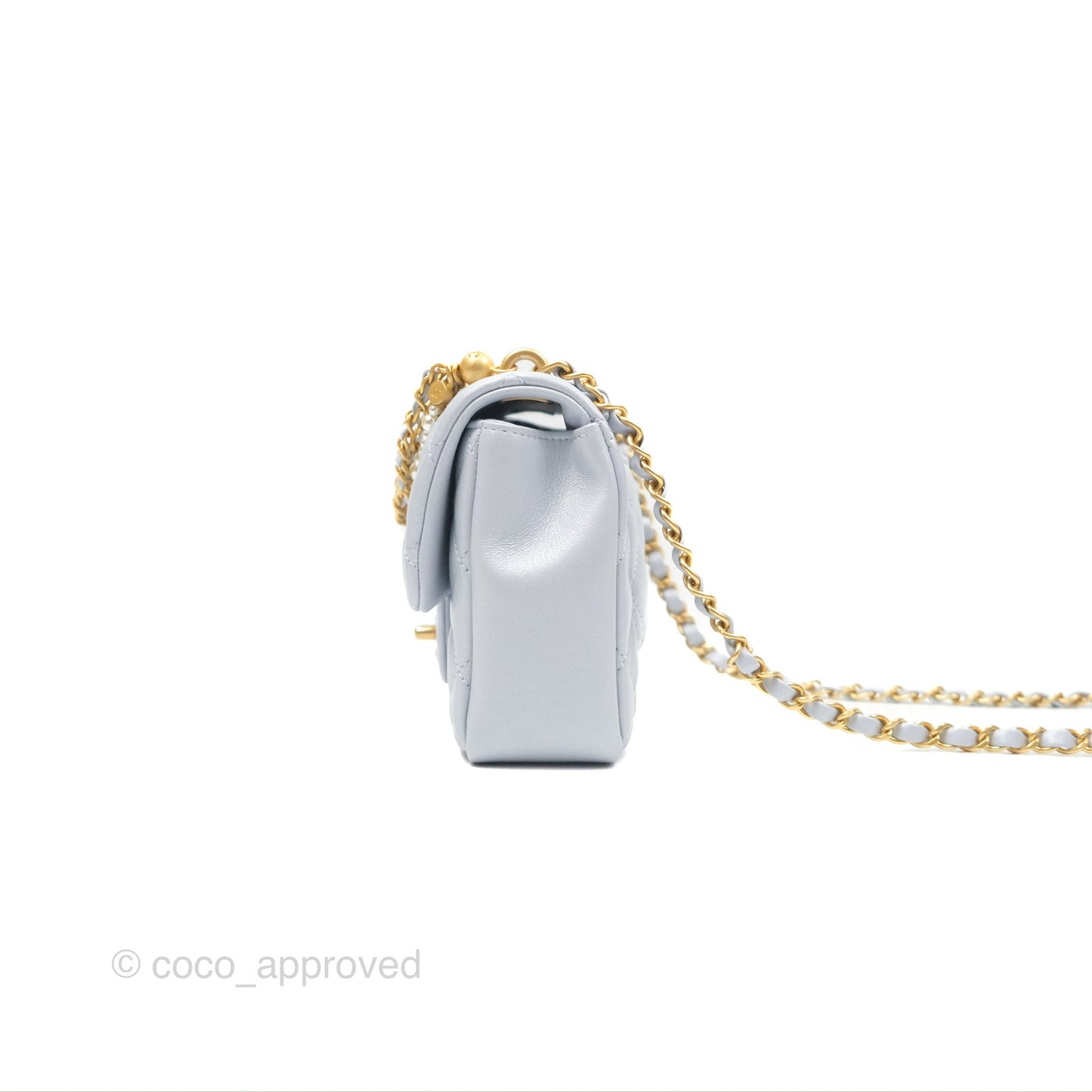 Chanel Mini Flap Bag with Pearl Chain Pearly Light Blue Lambskin Aged Gold Hardware 24P