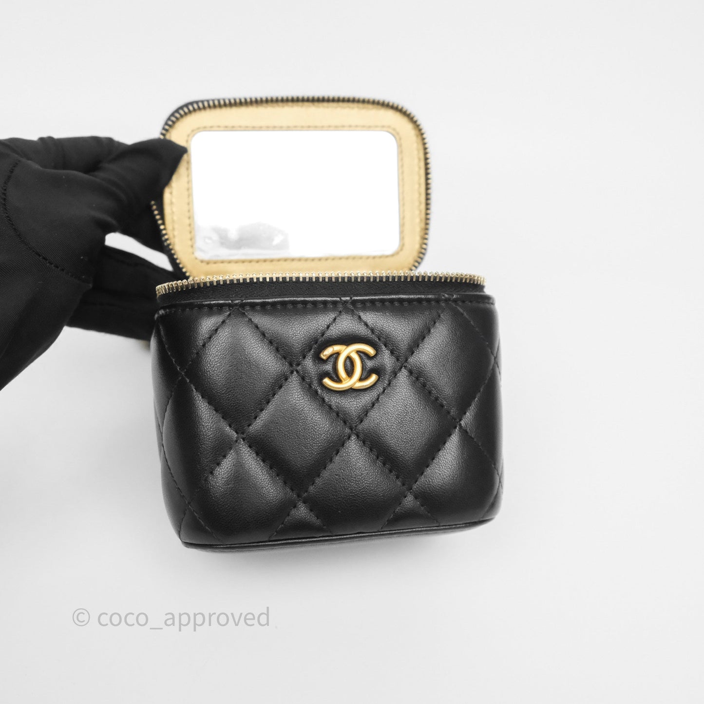 Chanel Quilted Pearl Crush Mini Vanity With Chain Black Lambskin Aged Gold Hardware